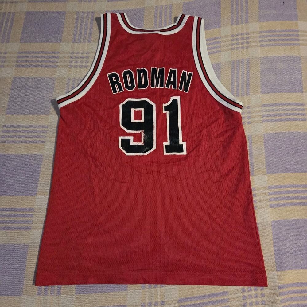 Vtg 90s Champion Chicago Bulls Dennis Rodman 91 Jersey Youth Size Large 14 - 16